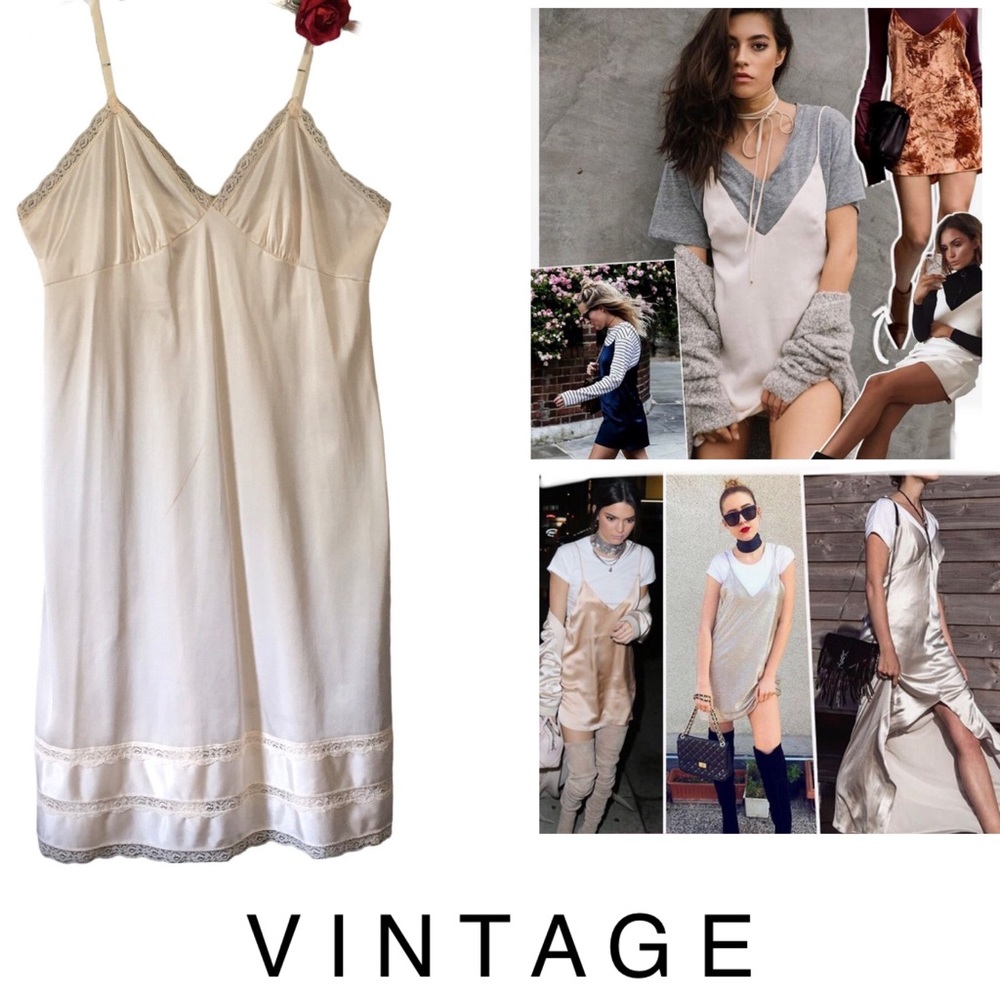 Vtg full nylon slip Tessie Made in USA cream lace Tag 40 (Bust @34”) EUC Y2K